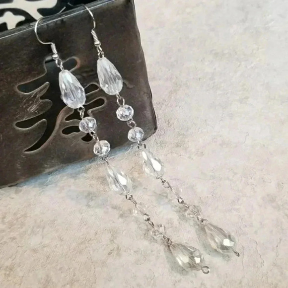 Artisan Shoulder Duster Clear Crystal Earrings 5" Long - Picture 1 of 1